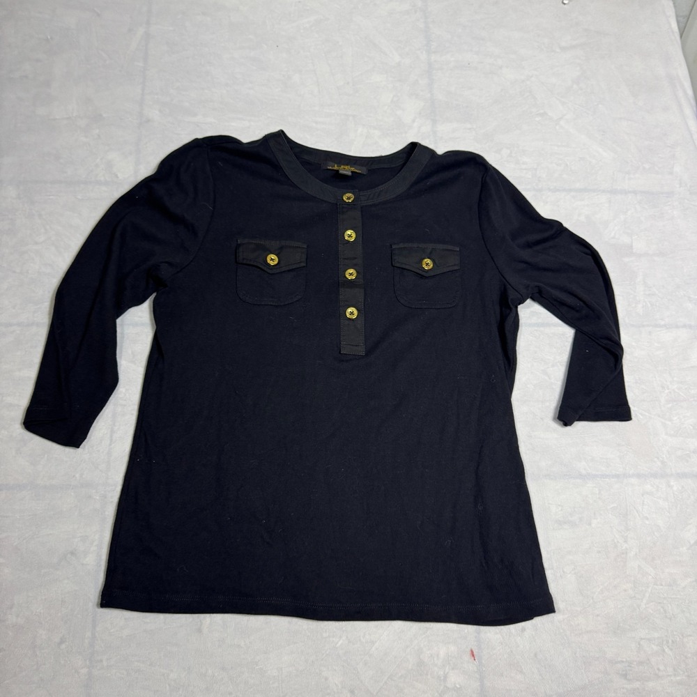 Lauren Ralph Lauren Womens Blouse Top Black‎ Gold Buttons Pocket Henley Neck L - Picture 2 of 15